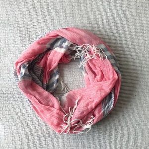 Pink blue and white striped scarf